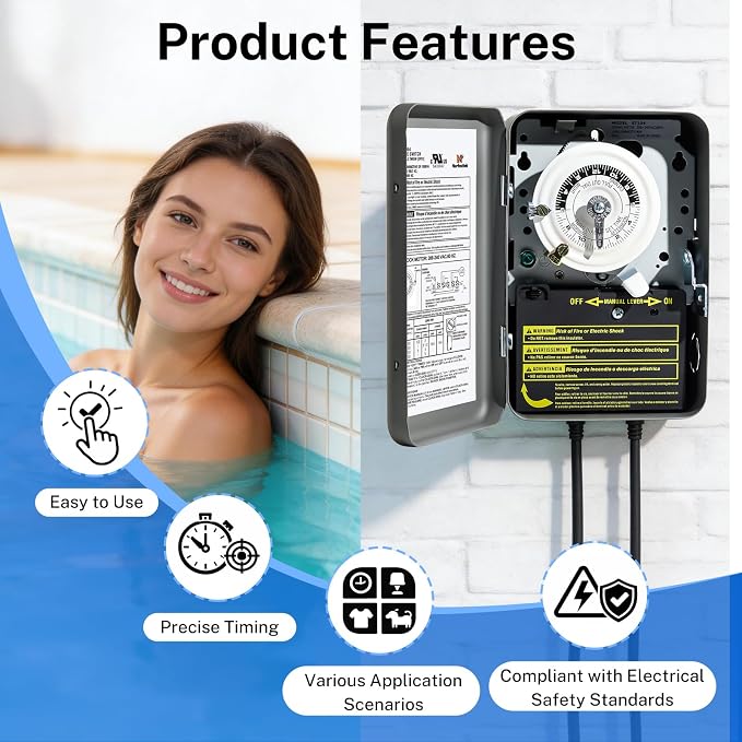 T104 24-Hour Mechanical Time Switch 40A DPST, for Pool Pumps, Water Heaters & Lighting, Metal Enclosure, Indoor Use Only
