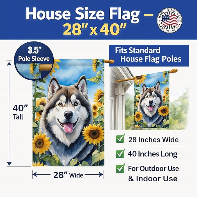 Caroline's Treasures DAC6005CHF Alaskan Malamute in Sunflowers House Flag Large Porch Sleeve Pole Decorative Outside Yard Banner Artwork Wall Hanging, Polyester, House Size, Multicolor