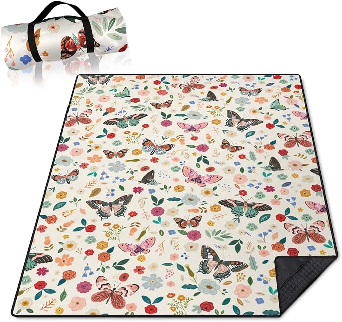 Butterfly Flower Picnic Blankets Waterproof Foldable, 60’‘x80'' Portable Outdoor Picnic Mat Water Resistant for Grass, Padded Lawn & Park Blanket for Camping, Hiking