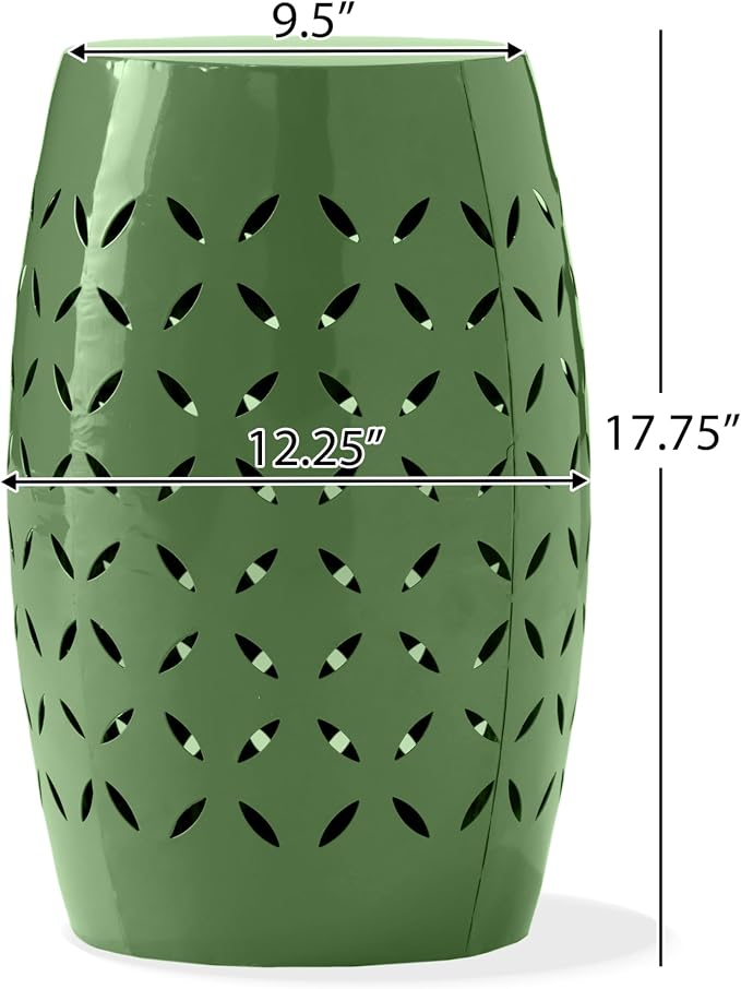 Christopher Knight Home Hayon 17.75'' Small Outdoor Side Table, Metal Outdoor Stool, Lace Cut Iron End Table, Hollow Drum Round Side Table, Decorative Garden Stool with Cutout Design, Green