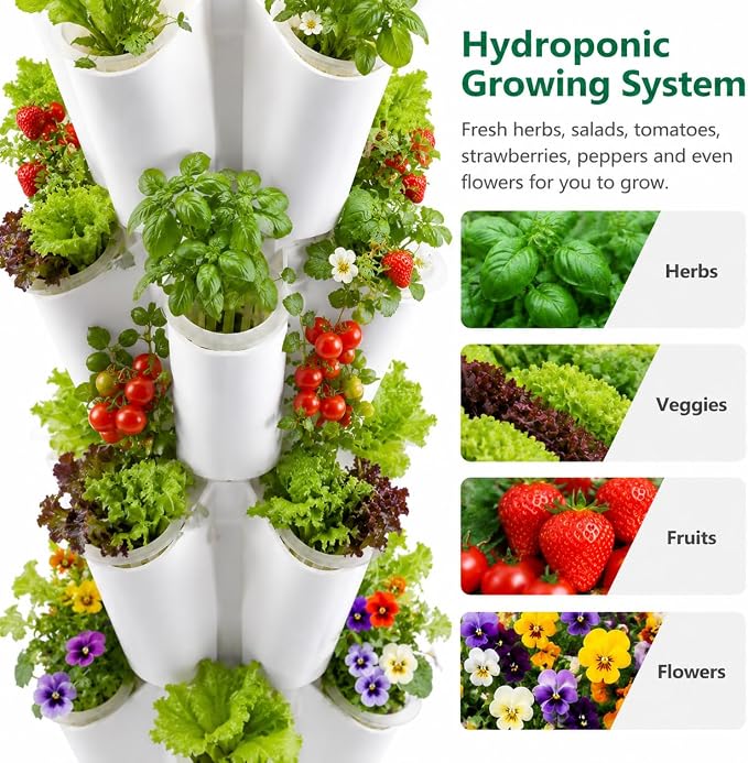 Hydroponic Tower 60 Pods 12 Tiers Hydroponics Growing System Vertical Garden System with 25L Water Tank and Pump for Indoor Outdoor Home, Balcony & Patio