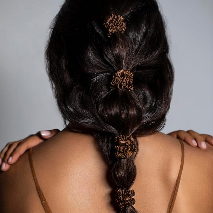 Slip Silk Hair Ties — Skinny Silk Dark Brown Scrunchies, No Damage, No Crease, Anti-Breakage |100% Mulberry Silk | All Hair Types | Made with Proprietary Slipsilk™ | Set of 4