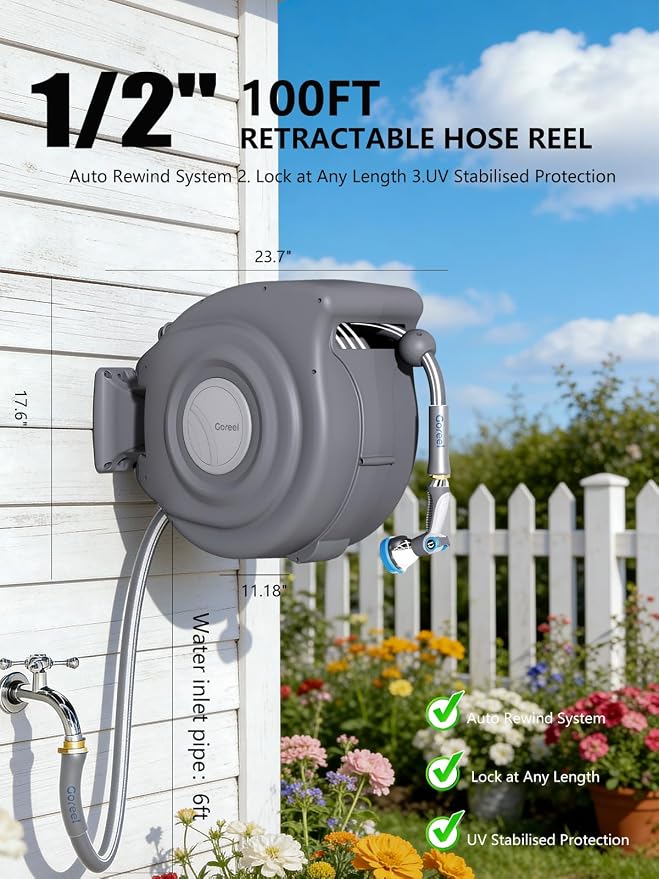 Retractable Garden Hose Reel 1/2 in x 100 ft Heavy Duty Automatic Water Hose Reel with 10-Function Sprayer Nozzle Kink-Free Auto Rewind Any-Length Lock 180° Swivel UV Resistant - Dark Gray