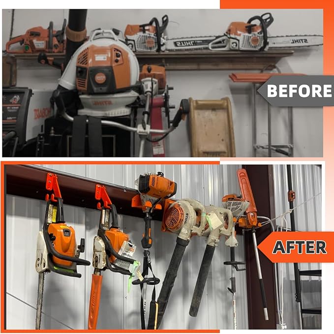 Wall Mount Trimmer Rack 4-Pack, Heavy Duty Weed Eater Hanger for Garage Wall, Garden Power Tool Holder Organizer Hooks for Grass Trimmer, Hedge Trimmer (Orange)