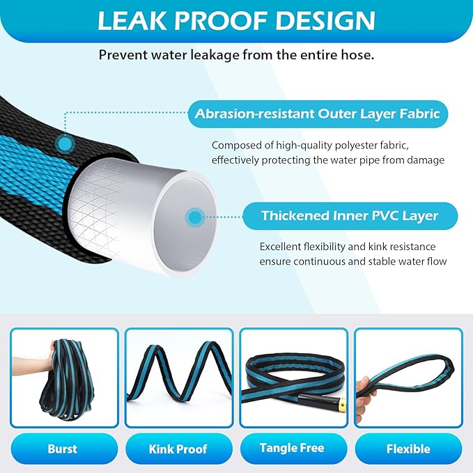 25FT Non-Expandable Garden Hose, Flexible Water Hose with Spray Nozzle, Kink-Resistant, Leakproof 3/4" Brass Connectors, Lightweight & Portable Water Pipe for Yard, Lawn Outdoor