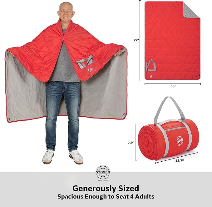 STOVER Large Waterproof Outdoor Stadium Blanket- Extra Thick Soft Fleece Camping Blanket for Travel, Picnics, Sports, Dogs 79"x55", Warm, Windproof, Sand-Proof, Lightweight, Packable (Stadium Scarlet)