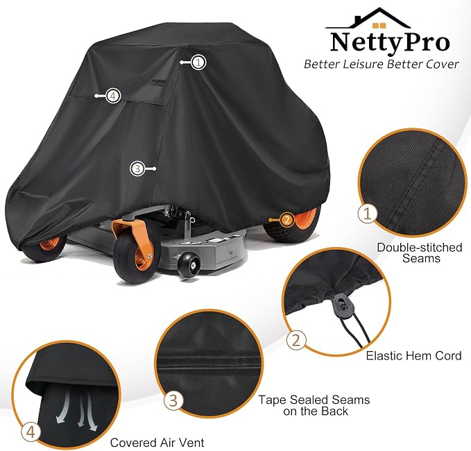 NettyPro Zero Turn Lawn Mower Cover Waterproof Heave Duty Outdoor Lawnmower Protection with Storage Bag, Fits Decks Up to 60"