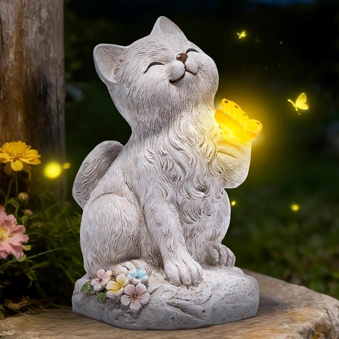 basen Solar Cat Statue with Glowing Butterfly, Outdoor Garden Cat Figurine Decor for Yard Lawn Patio, Resin Solar Animal Sculpture with LED Light for Garden Landscape Decoration