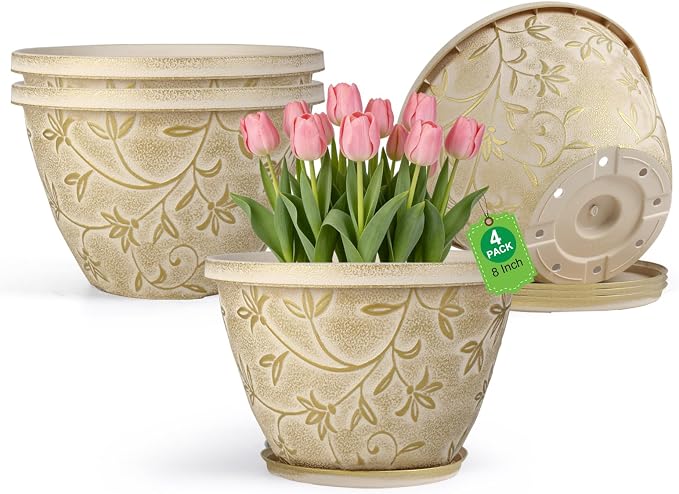 Nooulap 8 Inch Plant Pot with Drainage Hole, 4 Pack Plastic Flower Pot for Indoor Outdoor Plants, Decorative Small Planter for Desk, Balcony & Garden (Beige)