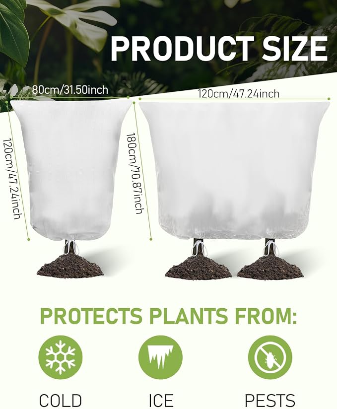 Winter Plant Covers Freeze Protection, 2 Pack Frost Covers (47.3" X 71"), with Zipper and Drawstring Reusable, 2.36 oz/yd² Frost Blankets for Outdoor Plants, for Potted Shrubs Fruit Trees