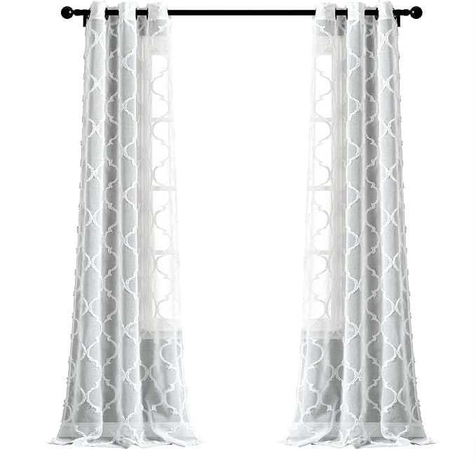 Lush Decor Avon Trellis Grommet Sheer Window Curtain Panels Pair 38" W x 95" L White - Sheer Curtains for Living Room - Modern Farmhouse Bedroom Curtains