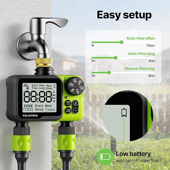 Sprinkler Timer, Programmable Brass Inlet Watering Timer for Garden Hose, Fit 3/4” US Faucet, Outdoor Soaker Auto Manual Hose Timer with Rain Delay, Drip Irrigation for Lawn Yard, 2 Outlets