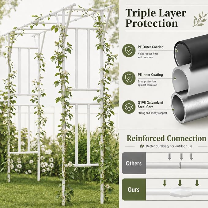 Flat Top Garden Arch Trellis Pergola, 11.8 x 9.02 FT Large Metal Arbor for Climbing Plants, Plastic-Coated Galvanized Steel Frame, Outdoor Decorative Arch for Garden, Backyard, Lawn (White)