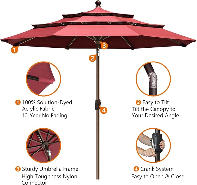 EliteShade USA 10-Year-Non-Fading 10ft 3-Tier Market Patio Umbrella, Commercial Grade Outdoor Table Umbrella with Crank Open, Windproof & UPF 50+ UV Protection, Heavy Duty Ventilation for Garden, Deck, Pool, Backyard, Beach & Bistro, Burgundy