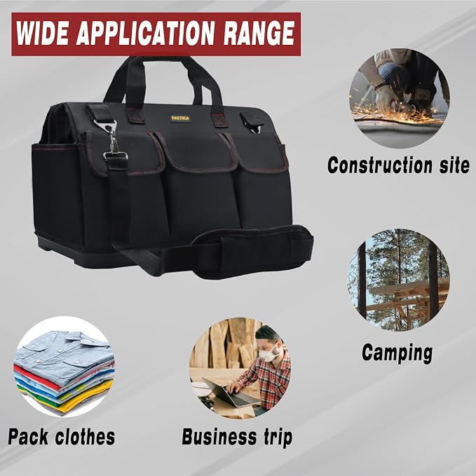 FASTECH 20-inch Heavy Duty Bottom Tools Bag with Wide Mouth for Tool Storage, Carrier and Organizer, Tool Bag for Men, Wide Mouth Tool Bags with Inside Pockets (20 Inch)