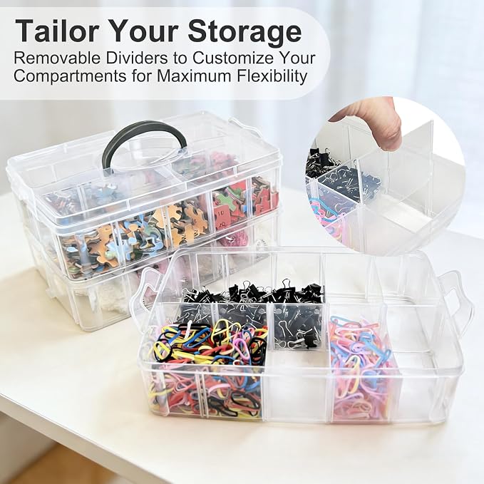 3-Tier Stackable Storage Container Box, 30 Compartments - Upgraded Large Clear Craft Organizer with Dividers for Beads, Small Toys, Jewelry, Washi Tape & Sewing Supplies