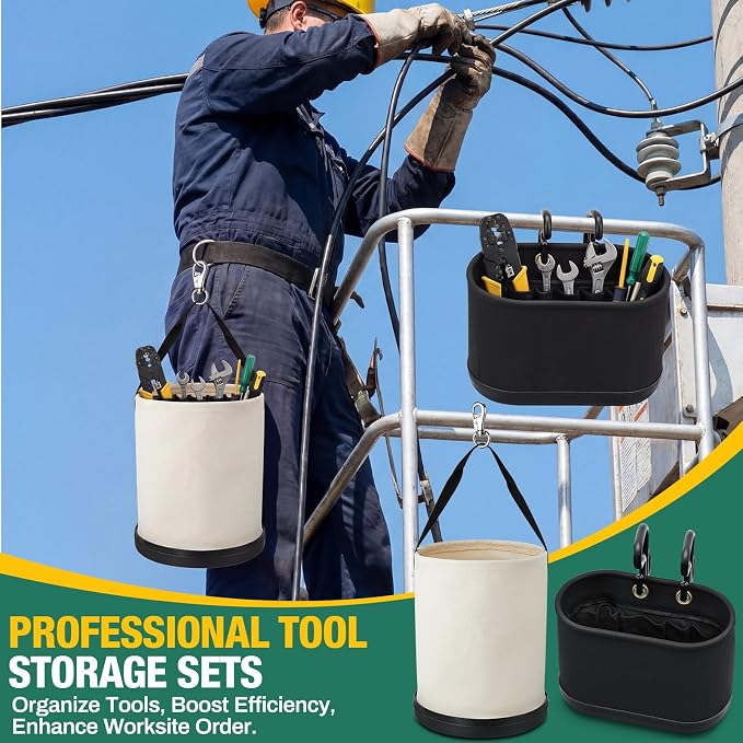 2 Pack Canvas Bucket & Oval Tool Bag, Bucket Tool Organizers with Reinforced Bottom and Hook for Lineman Electrician Construction Workers (White + Black)