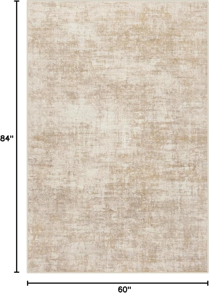 5x7 Area Rugs for Living Room: Washable Abstract Beige Badroom Carpet | Non-slip TPE backing makes this washable soft low-pile rug safe & durable, Pet-friendly decor for dining room,nursery,office