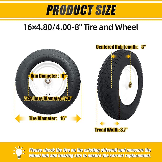 MZREXN 4.80/4.00-8" Tire and Wheel, 16" Pneumatic Wheelbarrow Tire | 5/8"&3/4" Bearings,3"-7"Centered Hub,Fit Hand Truck/Garden Carts/Yard Wagon/Utility Carts/Dolly/Trolley,White 2pcs