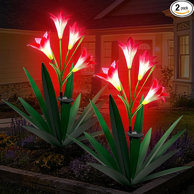 Homight Solar Metal Agave Lily Flower Garden Sculpture with LED Lights 30.3 Inch Waterproof Outdoor/Indoor Yard Decor Handmade Lawn Ornament Gift for Family Friends (2, Grass Green)