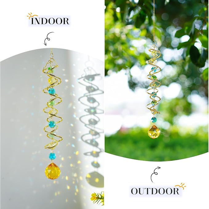 20.5in Yellow Crystal Gazing Ball Spiral Wind Spinner Suncatcher Decor | Yellow Crystal Ball Gazing Spiral Wind Spinner Rainbow Maker Sun Catcher Hanging for Outdoor Garden Patio Indoor Decor