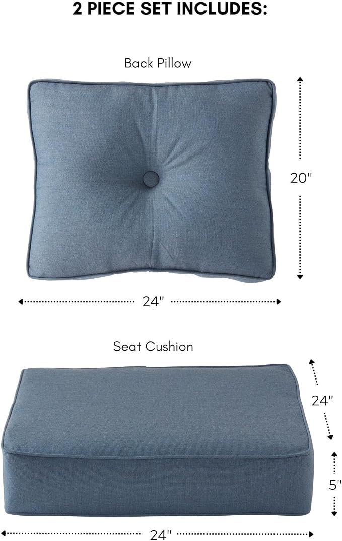 Sunbrella Deep Seat Cushion Set – Seat & Back Cushions for Patio Chairs, Sofas & Loveseats – Fade Resistant Outdoor Fabric, Ties, Zippered Cover, Cord Trim, Spectrum Denim