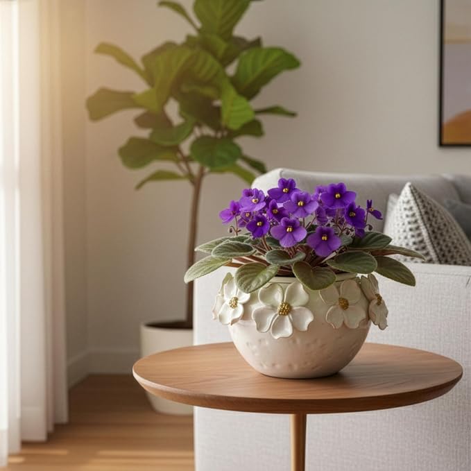 HERDUK 7.5” Ceramic Self Watering African Violet Planter with Hand-Sculpted petalsl Design – Durable Indoor Plant Pot for Orchids, Succulents, and Houseplants