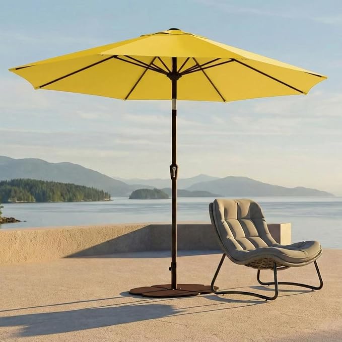 Kingdura 9FT Outdoor Patio Umbrella, Round Market Table Umbrella with Push‑Button Tilt and Crank Lift, 8 Sturdy Metal Ribs, UV50+ Protection Canopy for Backyard, Lawn, Deck, Poolside, Garden (Yellow)