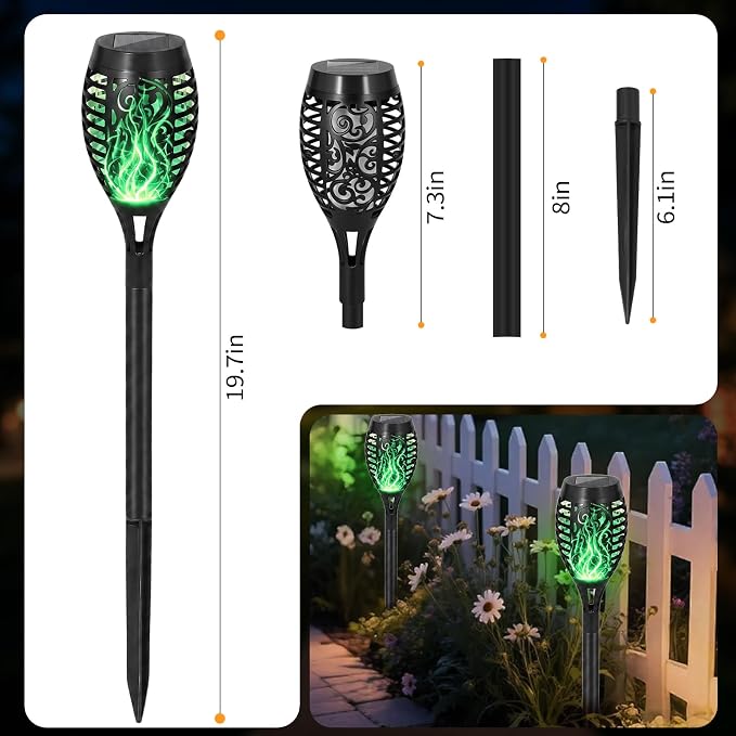 Solar Torch Flame Lights, Flickering Flame LED – Waterproof Solar Garden Lights for Patio, Yard, Pathway, Landscape & Backyard Décor (Green-8 Pack)