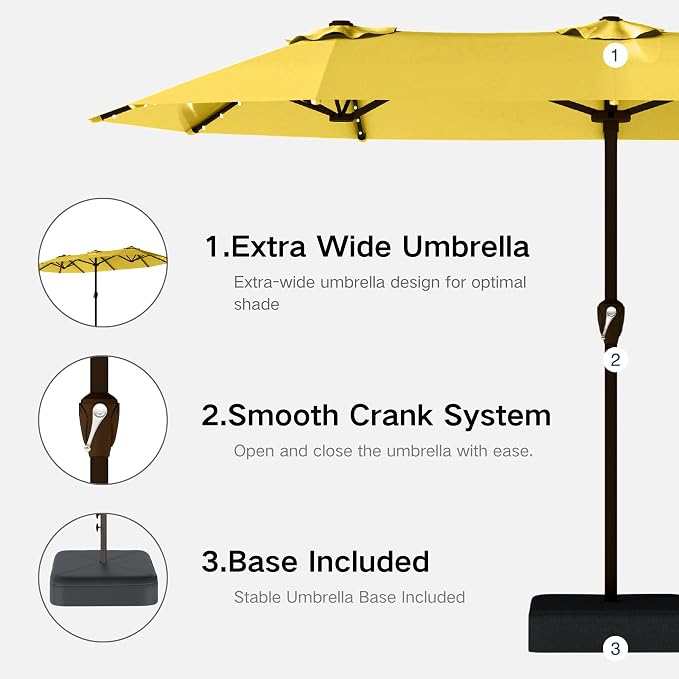 Kingdura 15ft Large Patio Umbrella with Solar Lights, Double-Sided Rectangle Lighted Outdoor Table Umbrella with Base Included, 12 Reinforced Ribs, 48 Led Lights, Crank Lift for Market Pool Deck Backyard, Yellow