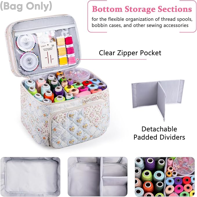 AMOIGEE Double-Layer Sewing Organizer Storage Bag with 2 Detachable Pouches, Large Quilted Sewing Basket for Supplies & Tools, Portable Travel Sewing Kit Case, Gift for Mom(BAG ONLY)