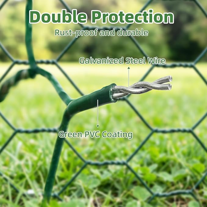 Chicken Wire for Floral Arrangements - Hexagonal Galvanized PVC Coated Poultry Wire Mesh Netting with Gloves, Wire Cutter & Zip Ties for Crafts, Poultry, Gardening Fence (15.7 x 196 lnches)
