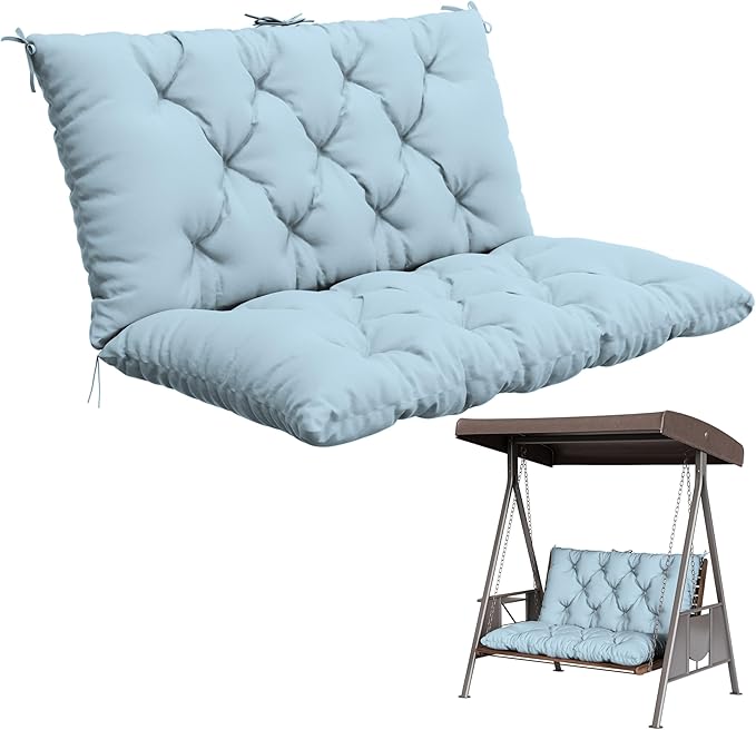 Porch Swing Cushion with Backrest,Waterproof Bench Cushion for Outdoor Furniture,2-3 Seater Replacement Thickened 5 in swing cushion,with Ties,Patio,Outdoor,Backyard and Garden (Sky Blue,40x40 in)