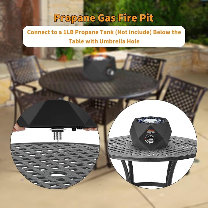 14” Modern Tabletop Fire Pit for Table with Umbrella Hole, Portable Gas Firepit for 1lb Propane Gas, Patio Backyard Porch Camping RV Tailgating, Bottom-Mounted FP003