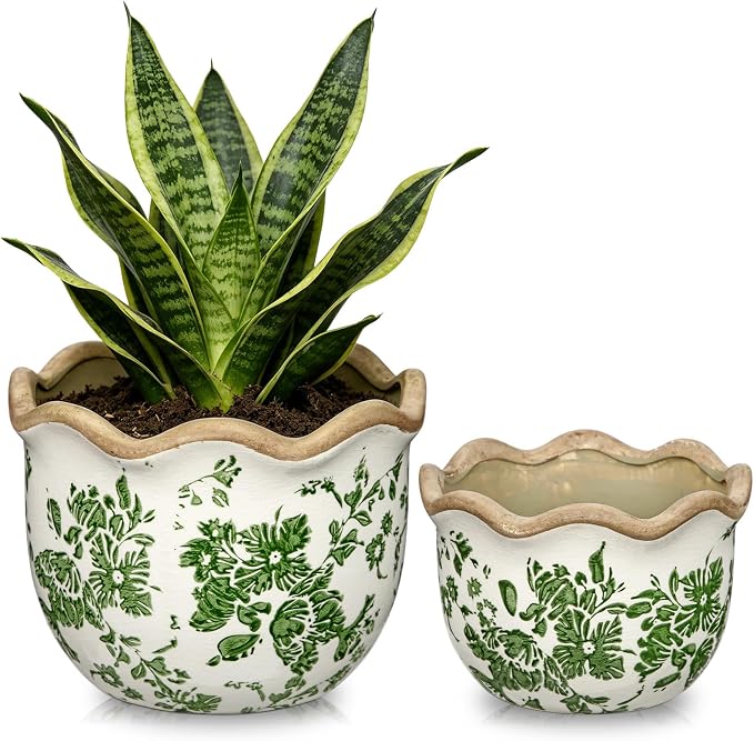 Hollyone 2 Pack Ceramic Planter Green Vintage Ceramic Pot 5.5 + 6.6inch Decorative Flower Plant Pot with Drainage Hole Crackle Glaze for Indoor Outdoor Tuscan Decor Home Living Room Garden Decor