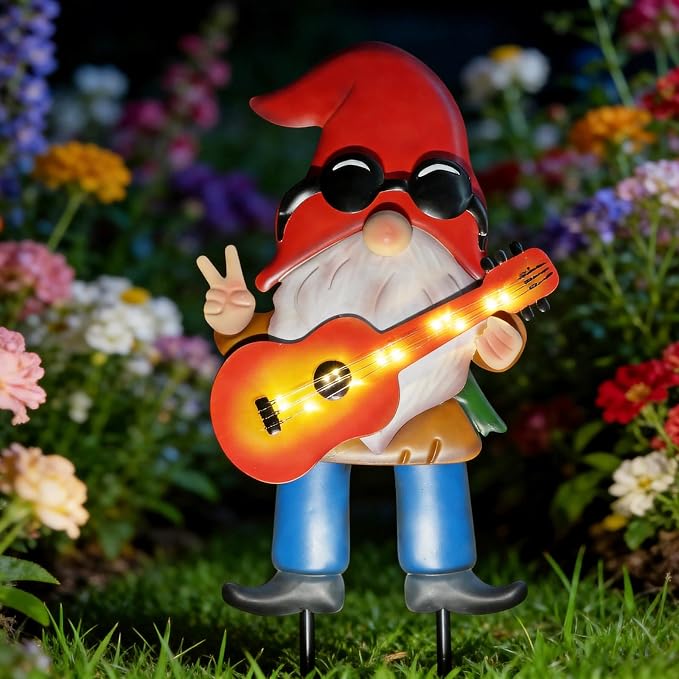 28" Solar Garden Gnome Decor with Light Up Guitar - Outdoor Decorative Stake for Patio, Yard & Lawn | Unique Rock Music Gnome Decor