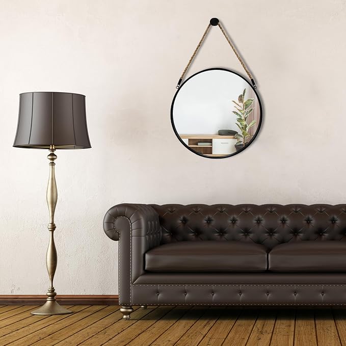 POZINO 15" Small Round Rope Hanging Mirror with Black Metal Frame | Circle HD Mirror with Jute Rope, Anti-Rust, Farmhouse Decorative Wall Mirror for Entryway, Living Room, Fireplace, Bedroom