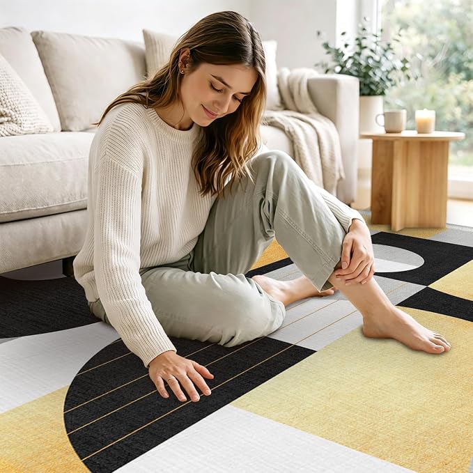 5x7 Black and Gold Geometric Modern Area Rug for Living Room Bedroom Abstract Large Rug Machine Washable Non-Slip Carpet for Dining Room Office