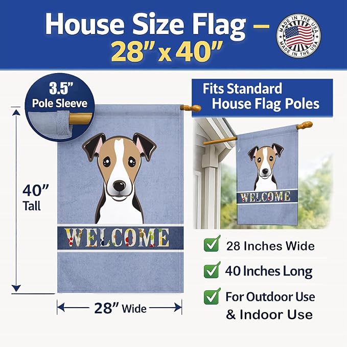 Caroline's Treasures BB1447CHF Jack Russell Terrier Welcome House Flag, Blue Large Porch Sleeve Pole Decorative Outside Yard Banner Artwork Wall Hanging, Polyester, House Size, Multicolor
