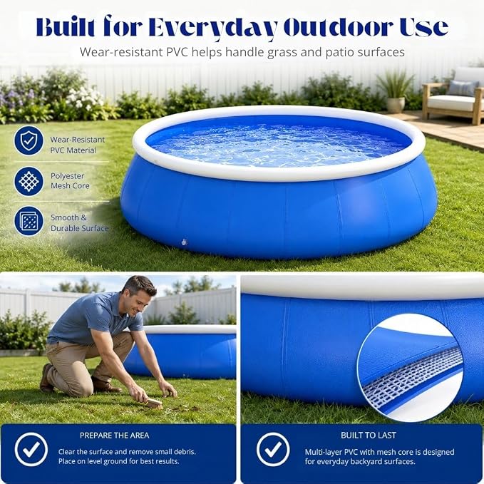 Large Inflatable Pool, 6 ft x 20 in (183 x 51 cm), Blue and White Round 3-Ply Laminated Mesh PVC Backyard Swimming Pool for 2-3 People, Foldable Kiddie Pool for Family Summer Fun