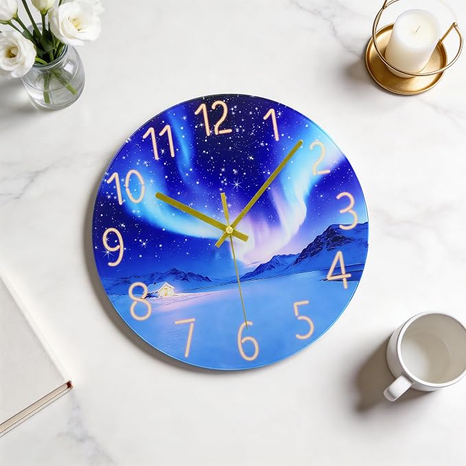 WISKALON Indoor Outdoor Glass Clock 12 Inch Waterproof Unusual Silent Non Ticking Aurora Wall Clocks Battery Operated for Patio, Pool, Garden, Backyard, Bathroom(Blue)