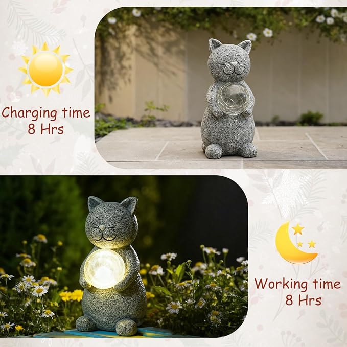 Solar Garden Cat Statue - Cat Garden Decor for Yard Patio | Cats Decoration for Garden Lawn Balcony - Gifts for Mom Grandma