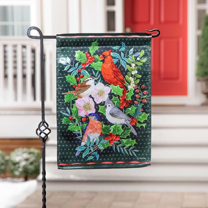 Evergreen Flag Winter Bird Friends Lustre Garden Flag 12x18 Double Sided | Christmas Garden Flag for Outside| Weather and Fade Resistant | Outdoor Flag For Yards and Gardens