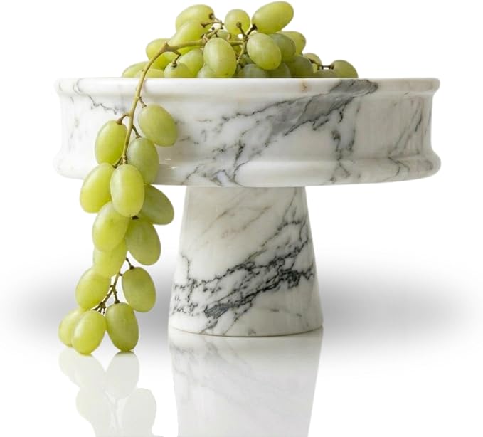 Marble Fruit Bowl for Kitchen Counter, 10" Handcrafted Natural Stone Decorative Bowl, Catch-All Key Dish, Dining Table Centerpiece, Pedestal Bowl, & Housewarming Gift (White Marble)