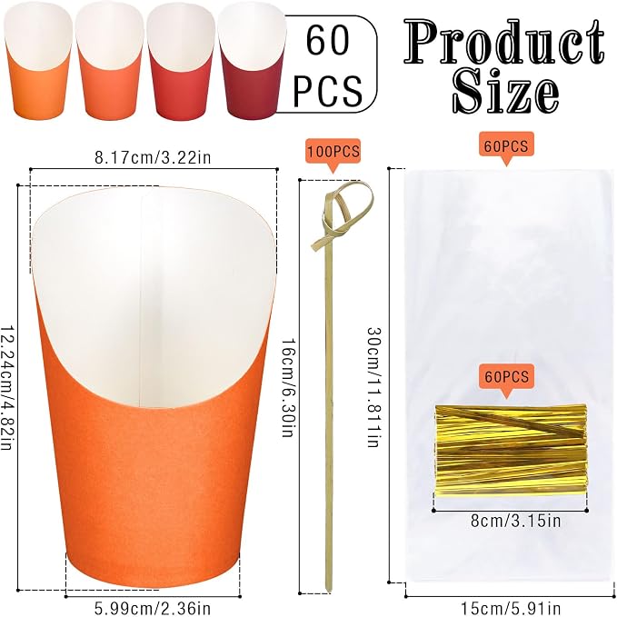 FYSUIMU 60Pcs Fall Colors Charcuterie Cups with 100Pcs Sticks 60 Plastic Treat Goodie Bags Twist Ties 14oz Orange Red French Fries Cup Holder for Home Kitchen Autumn Thanksgiving Party