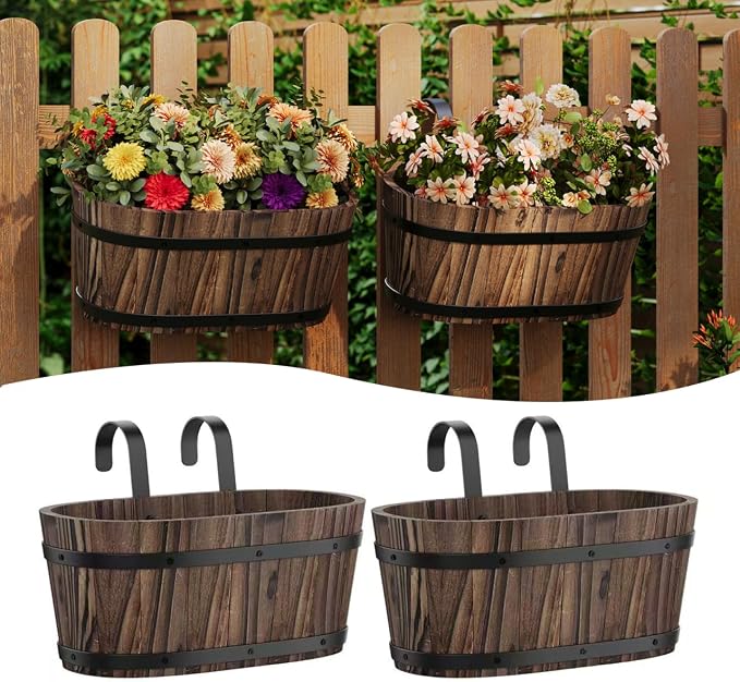 Railing Planters for Outdoor Plants Balcony Hanging Flower Pots with Detachable Hooks, Window Flower Box Hanging Bucket Pots Fence Planters for Garden Home Decor(Carbonized-2pack, Large)