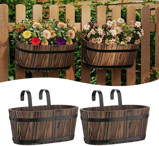 Railing Planters for Outdoor Plants Balcony Hanging Flower Pots with Detachable Hooks, Window Flower Box Hanging Bucket Pots Fence Planters for Garden Home Decor(Carbonized-2pack, Large)