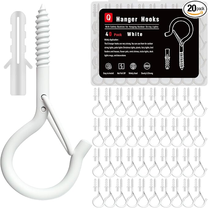 Black Screw Hooks with Safety Lock 2.3" Rustproof Metal Ceiling Hooks for Hanging Plants, Baskets,String Lights & Outdoor Decor, 40LB Capacity (40, White)