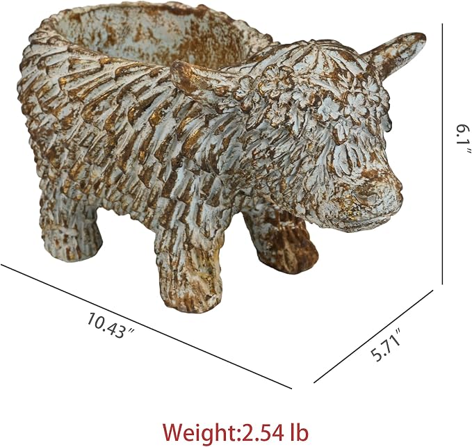Rustic Highland Cow Planter - Vintage Distressed Blue Resin Planter Pot Indoor&Outdoor Flower Pots for Garden Home Decor, Succulent, Herbs