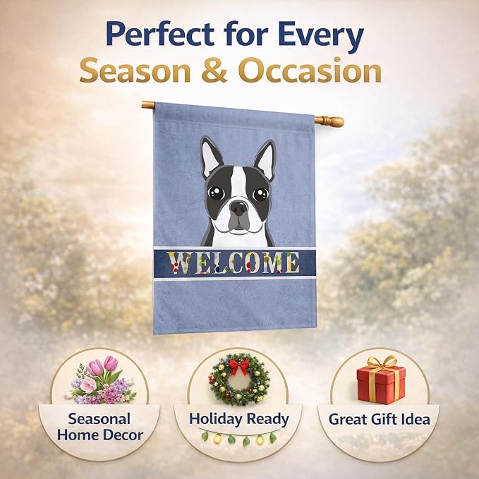Caroline's Treasures BB1389CHF Boston Terrier Welcome House Flag, Blue Large Porch Sleeve Pole Decorative Outside Yard Banner Artwork Wall Hanging, Polyester, House Size, Multicolor